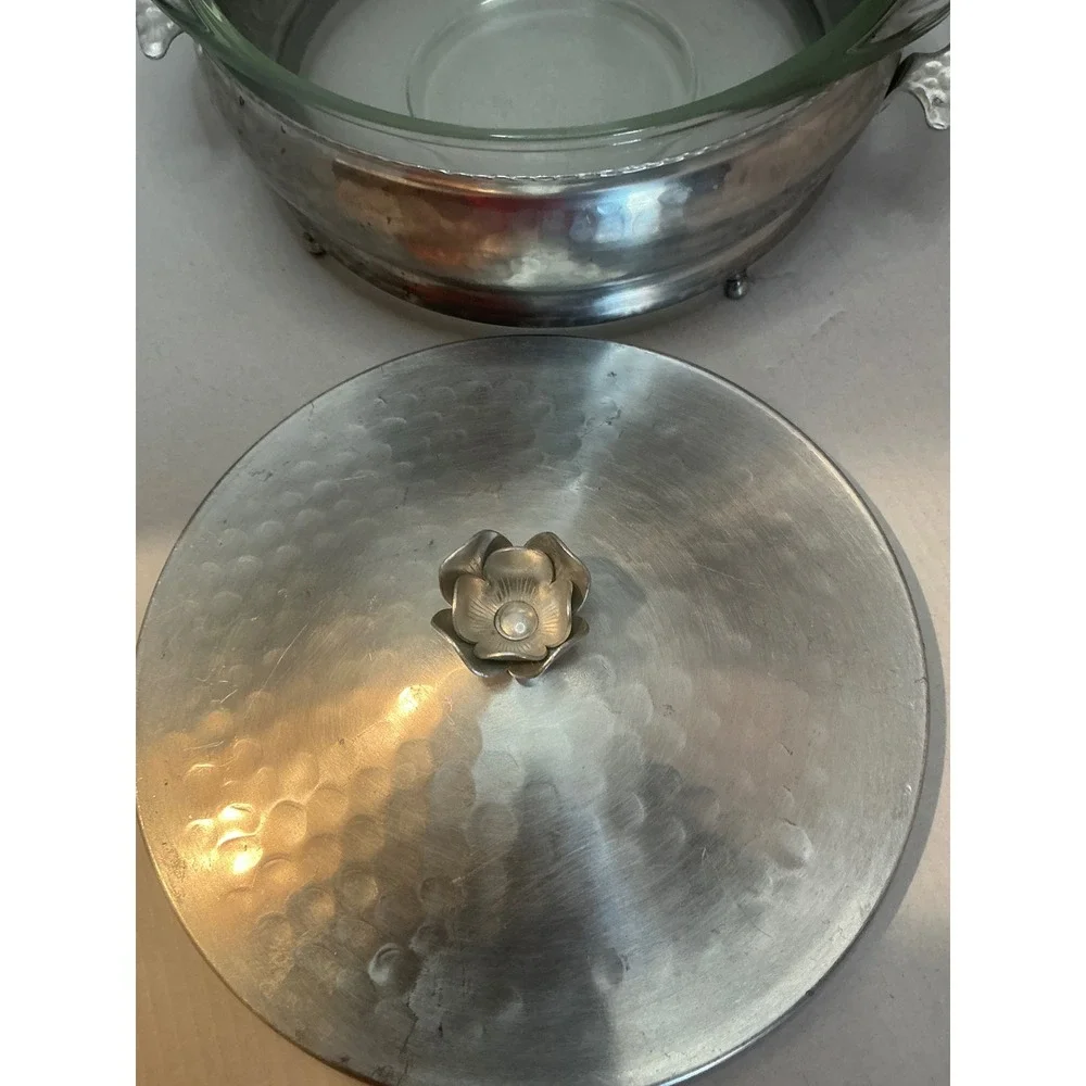 Vintage Hammered Aluminum Casserole Dish with Glass Insert Silver 9in